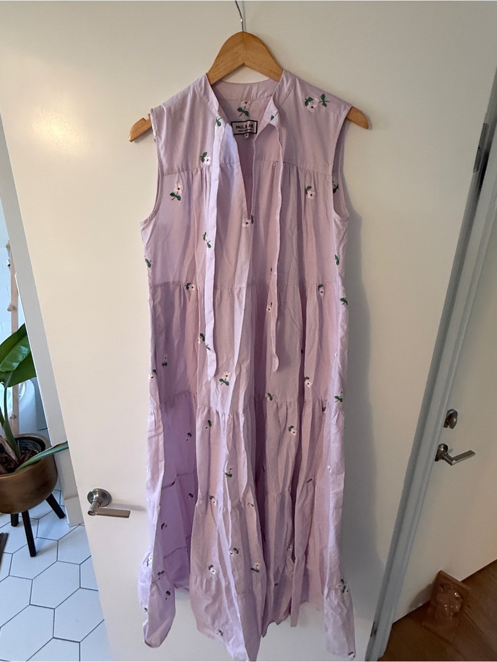 Paul & Joe Lavender Tiered Sleeveless Maxi Dress with Green Floral Embroidery